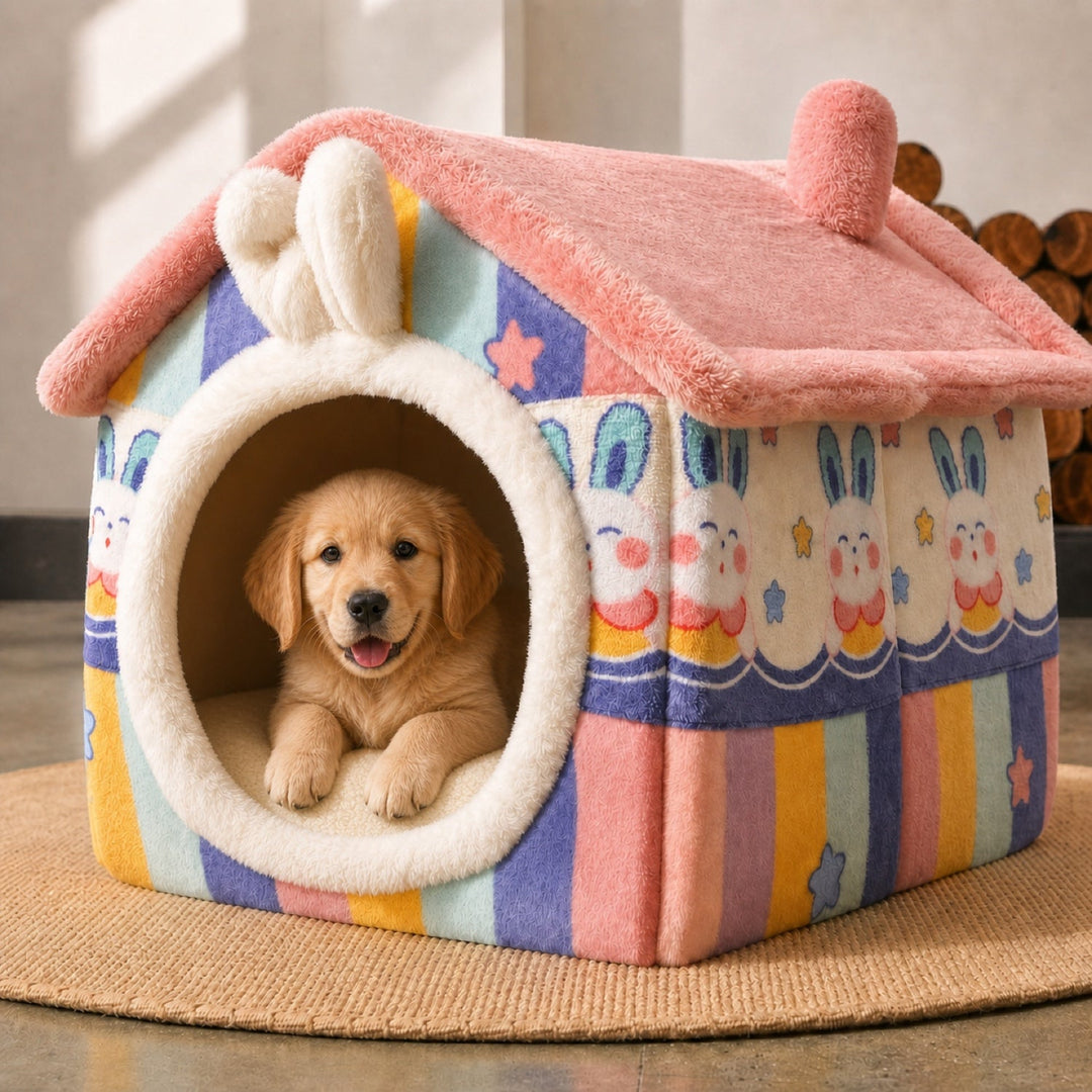 Dog Bed & Cat Bed | Rainbow Bunny House | Warm Plush, Washable & Non-Slip