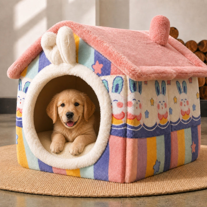Dog Bed & Cat Bed | Rainbow Bunny House | Warm Plush, Washable & Non-Slip