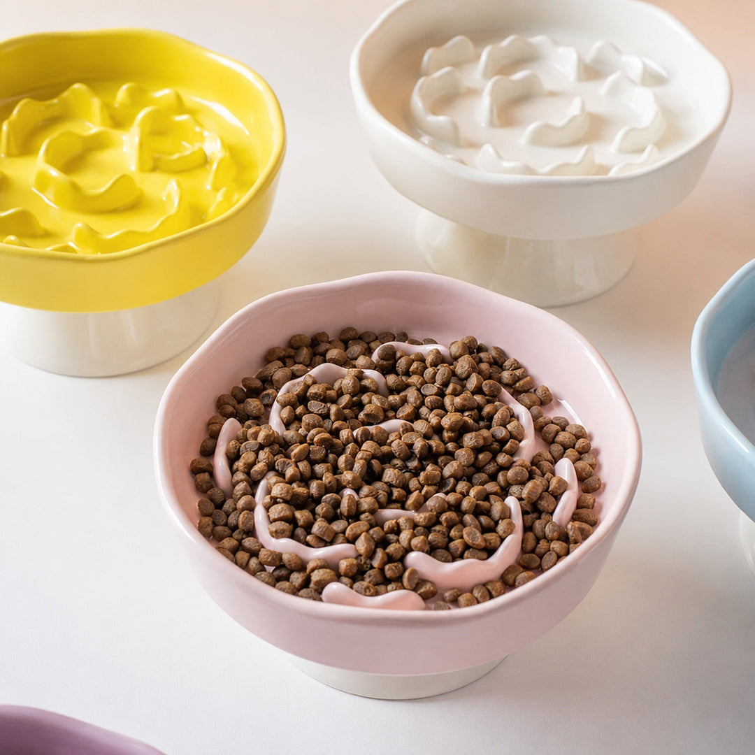 Elevated Floral Slow Feeder Bowl | Ceramic | Anti-Gulping for Cats & Small Dogs