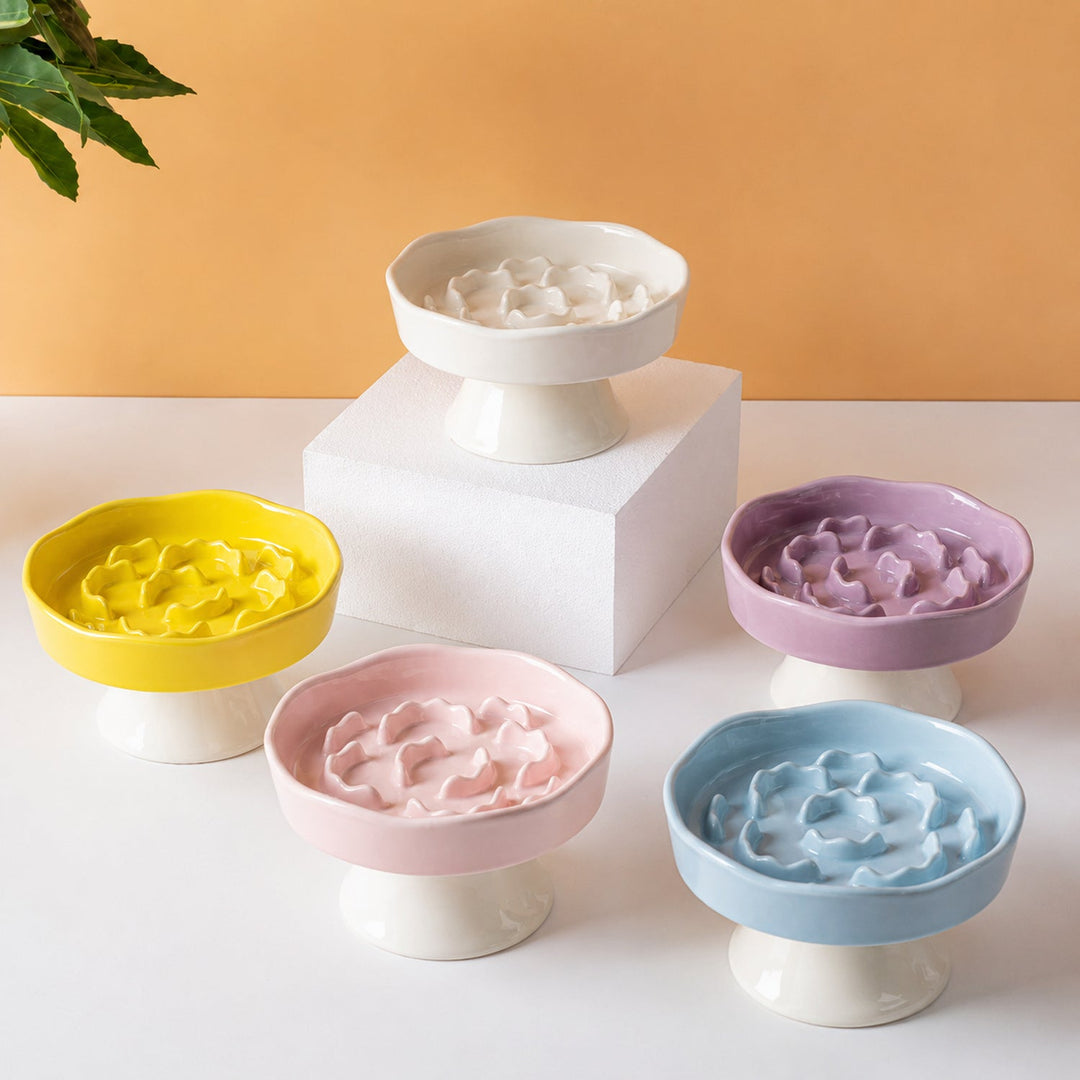 Elevated Floral Slow Feeder Bowl | Ceramic | Anti-Gulping for Cats & Small Dogs