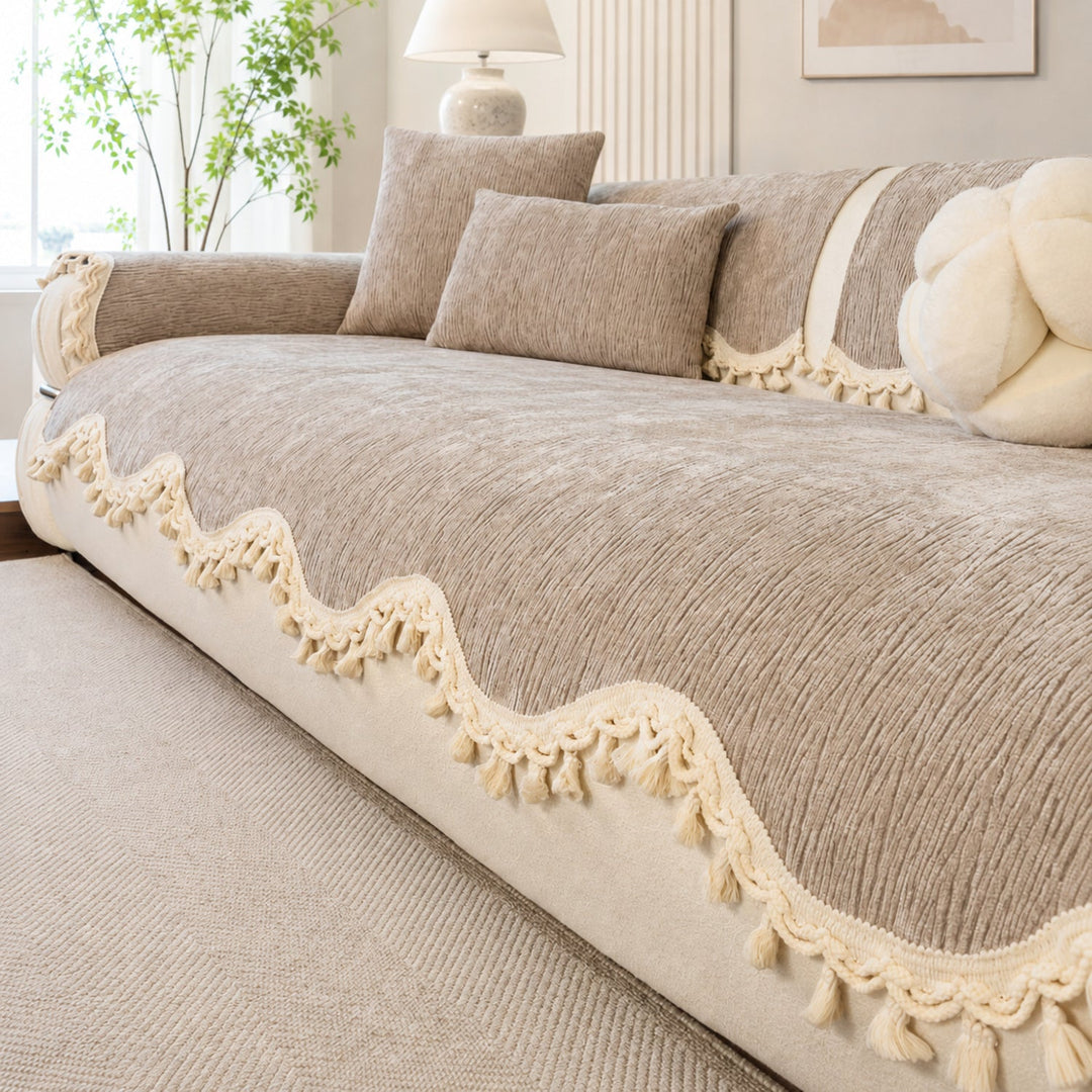 The Elowen Sofa Cover | Chenille | Elegant Tasselled Non-Slip