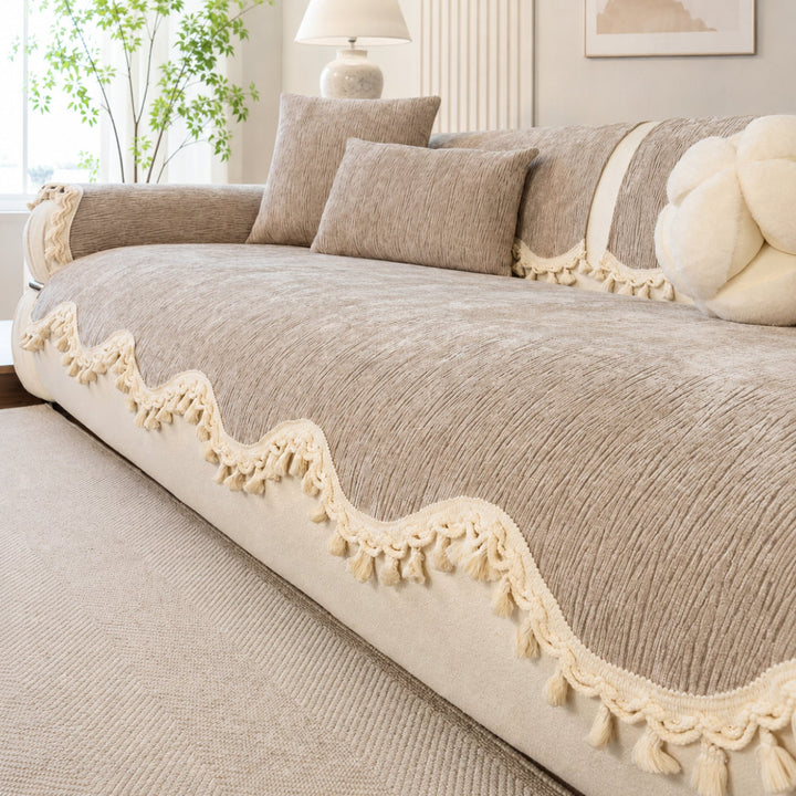 The Elowen Sofa Cover | Chenille | Elegant Tasselled Non-Slip