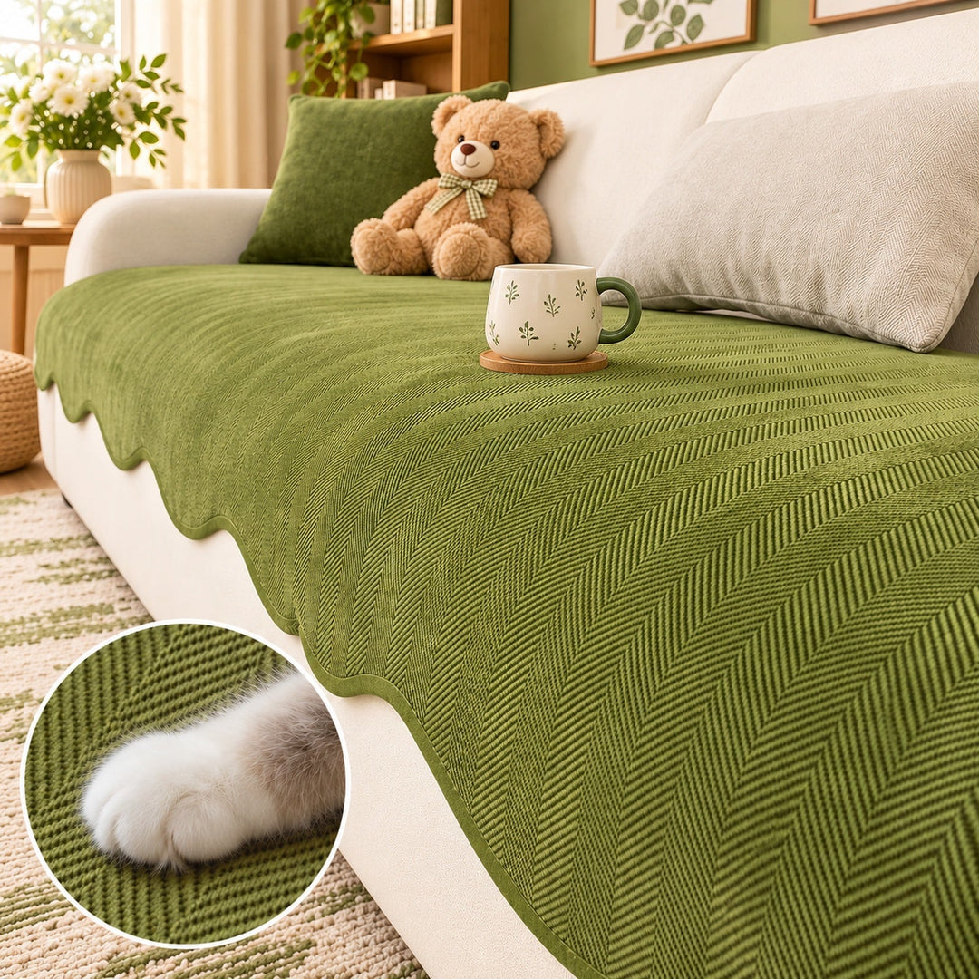 Sofa Cover | Non-Slip Chenille Sofa Protector | Herringbone Pattern with Scalloped Edges