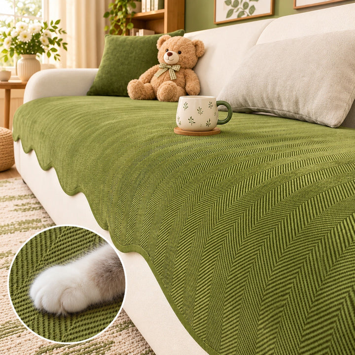 Sofa Cover | Non-Slip Chenille Sofa Protector | Herringbone Pattern with Scalloped Edges