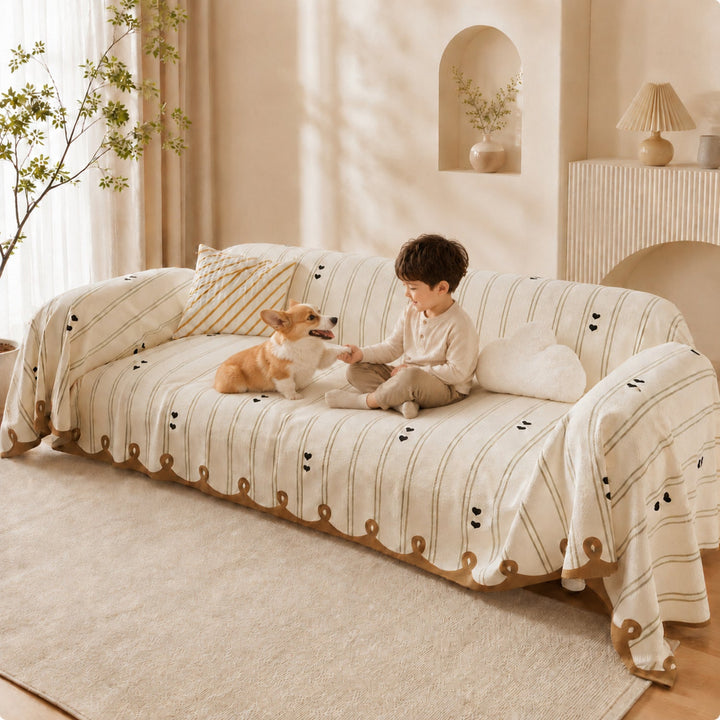 Dainty Heart Sofa Throw | Faux Linen | Non-Slip All-Season Sofa Protector