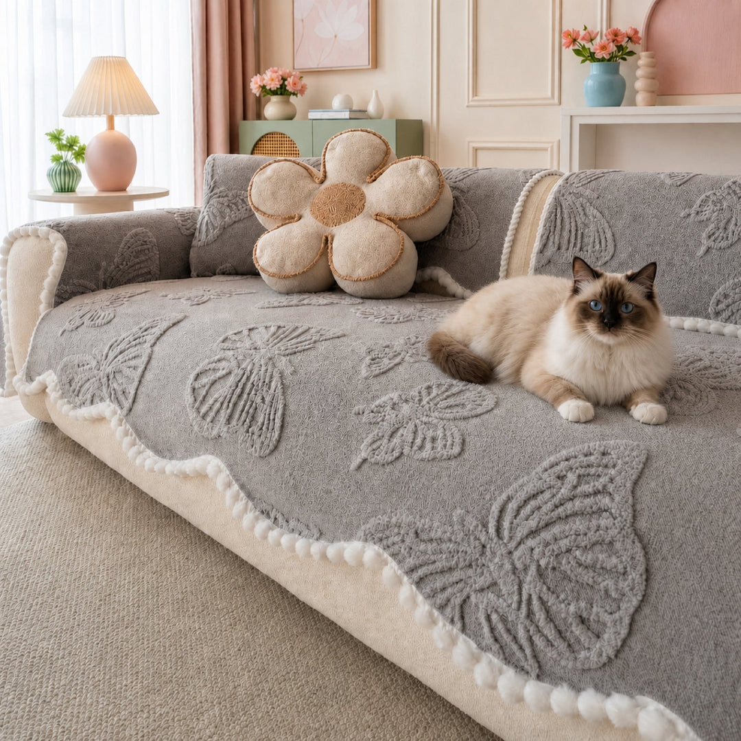 Butterfly Plush Sofa Protector | Warm Non-Slip Washable Winter Cover