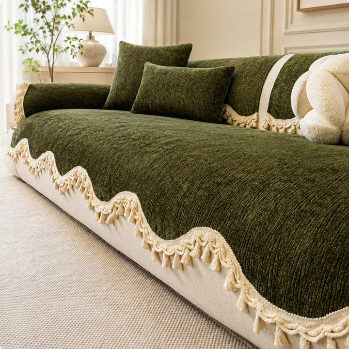 The Elowen Sofa Cover | Chenille | Elegant Tasselled Non-Slip