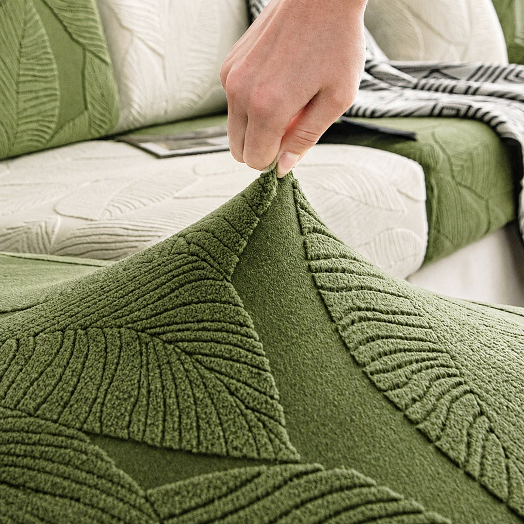 Modern Leaf Jacquard Sofa Cover | Waterproof Stretch Full Wrap | Anti-Scratch Protector