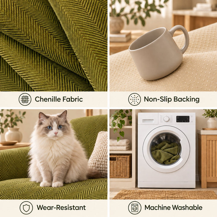 Sofa Cover | Non-Slip Chenille Sofa Protector | Herringbone Pattern with Scalloped Edges