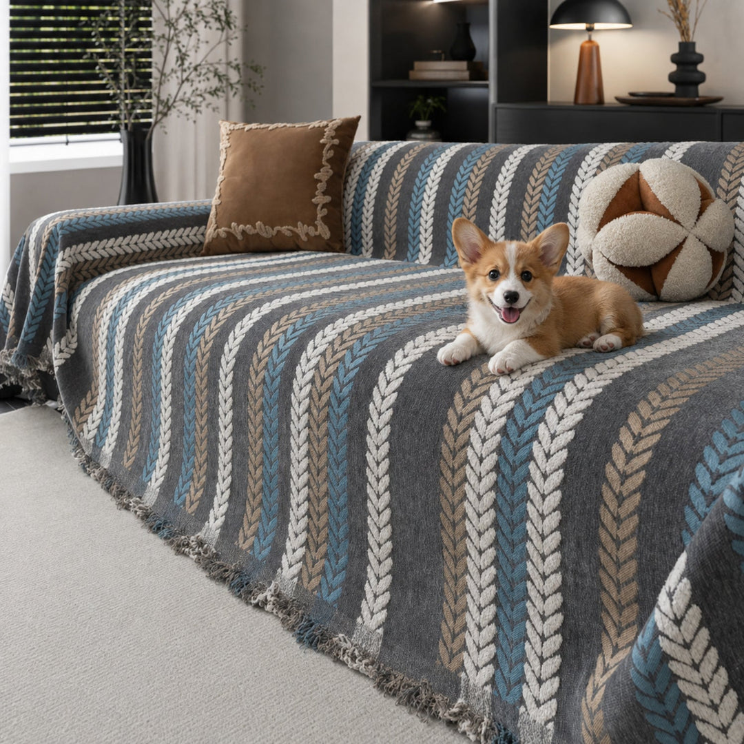 Leaf Pattern Chenille Sofa Cover | One-Piece Throw | Pet Fur & Dust Protection | Machine Washable