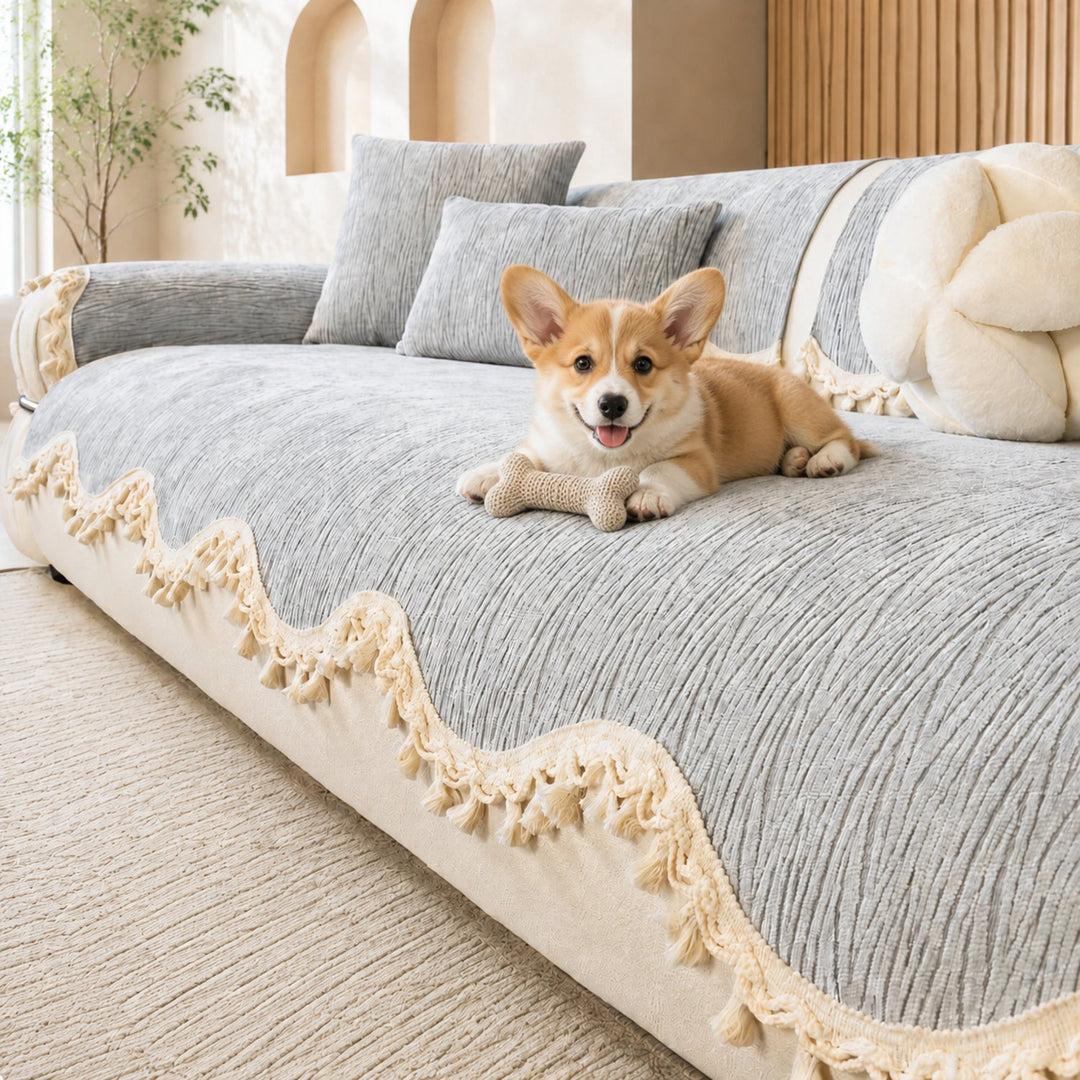 The Elowen Sofa Cover | Chenille | Elegant Tasselled Non-Slip