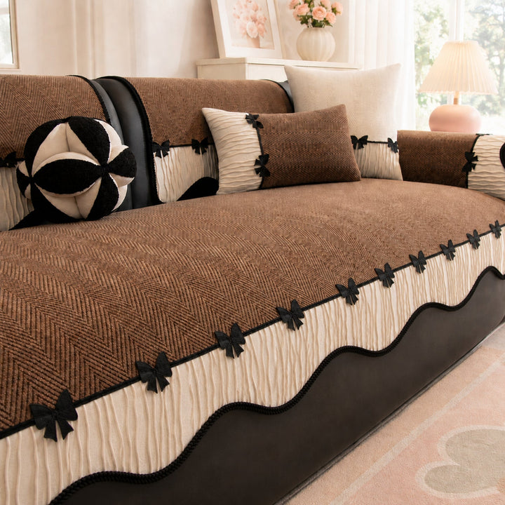 Bow Trim Herringbone Chenille Sofa Cover | Non-Slip Machine-Washable