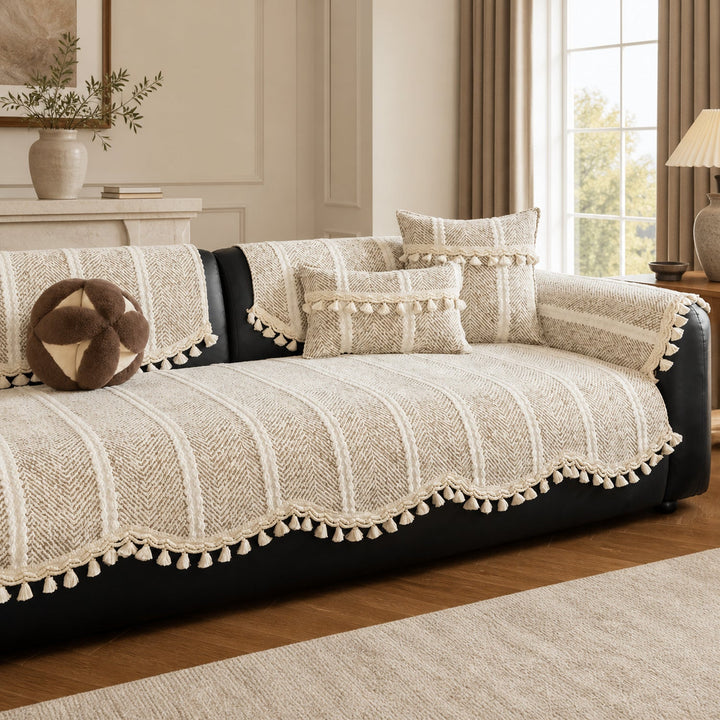 Herringbone Chenille Sofa Protector | Non-Slip Tassel Cover | Machine Washable