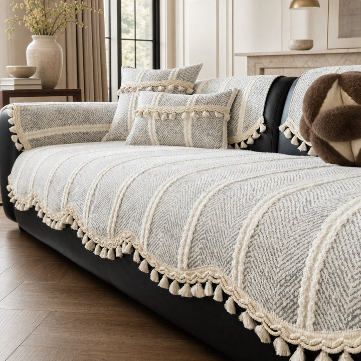 Herringbone Chenille Sofa Protector | Non-Slip Tassel Cover | Machine Washable