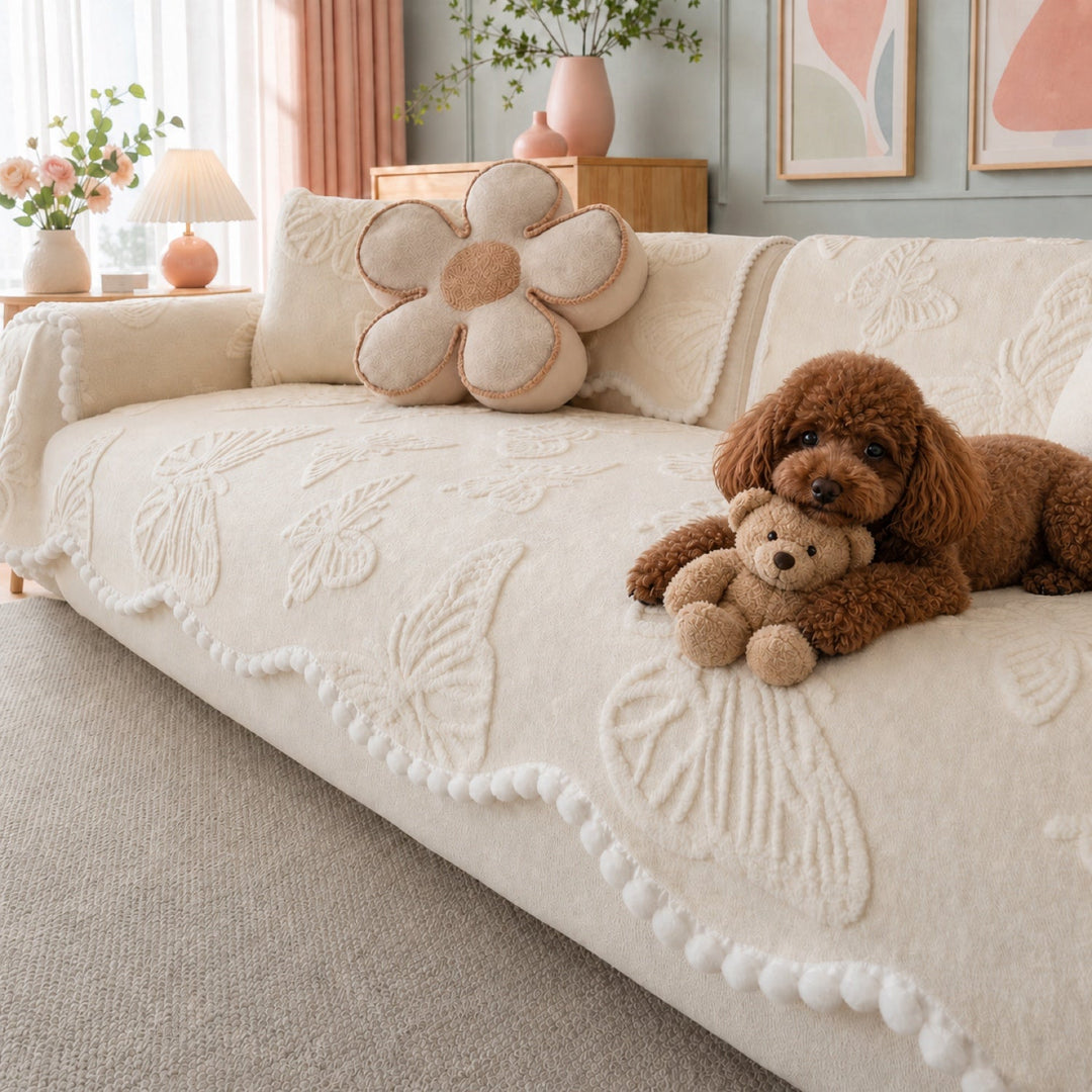 Butterfly Plush Sofa Protector | Warm Non-Slip Washable Winter Cover
