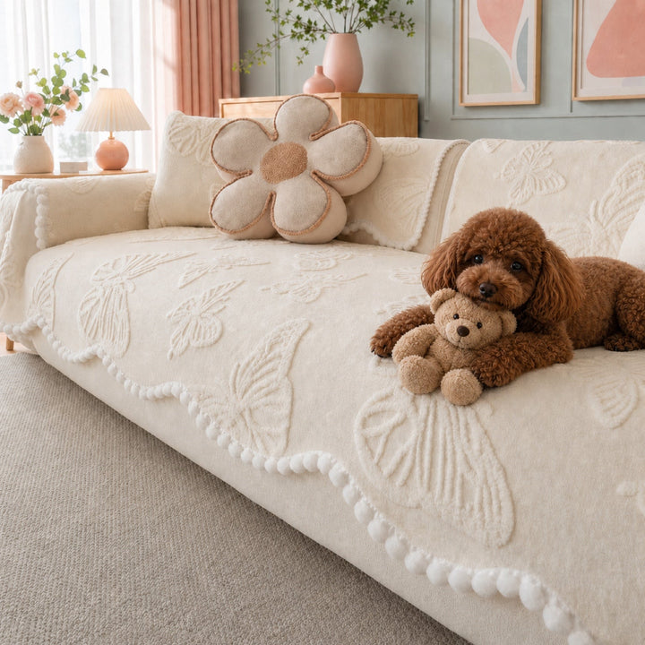 Butterfly Plush Sofa Protector | Warm Non-Slip Washable Winter Cover