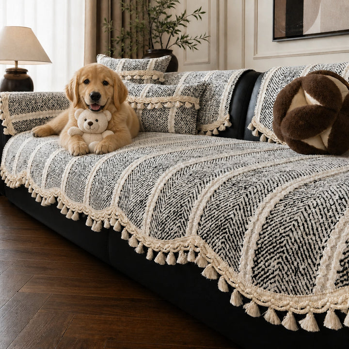 Herringbone Chenille Sofa Protector | Non-Slip Tassel Cover | Machine Washable