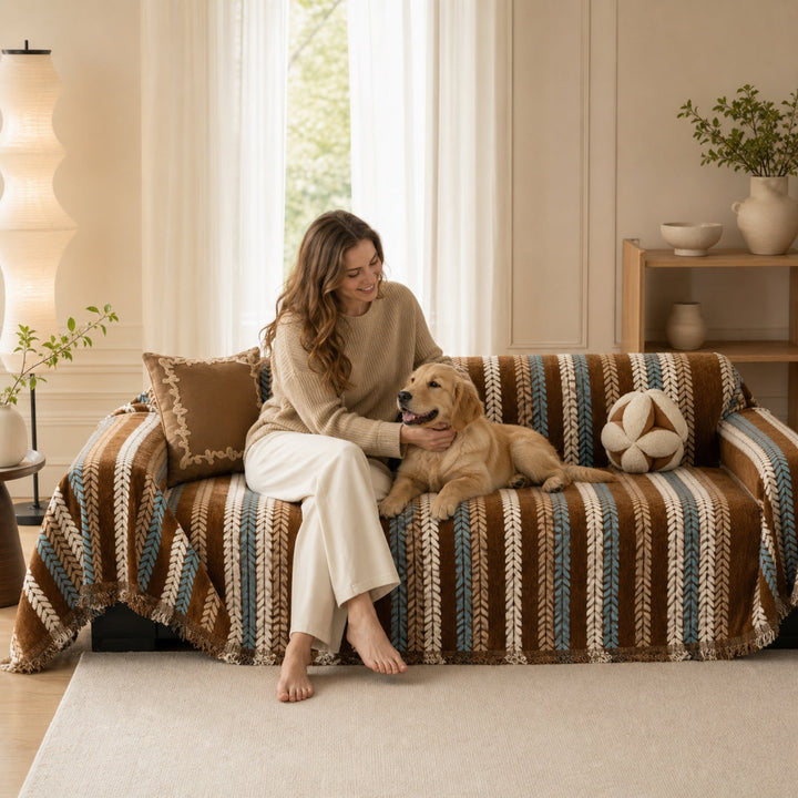 Leaf Pattern Chenille Sofa Cover | One-Piece Throw | Pet Fur & Dust Protection | Machine Washable