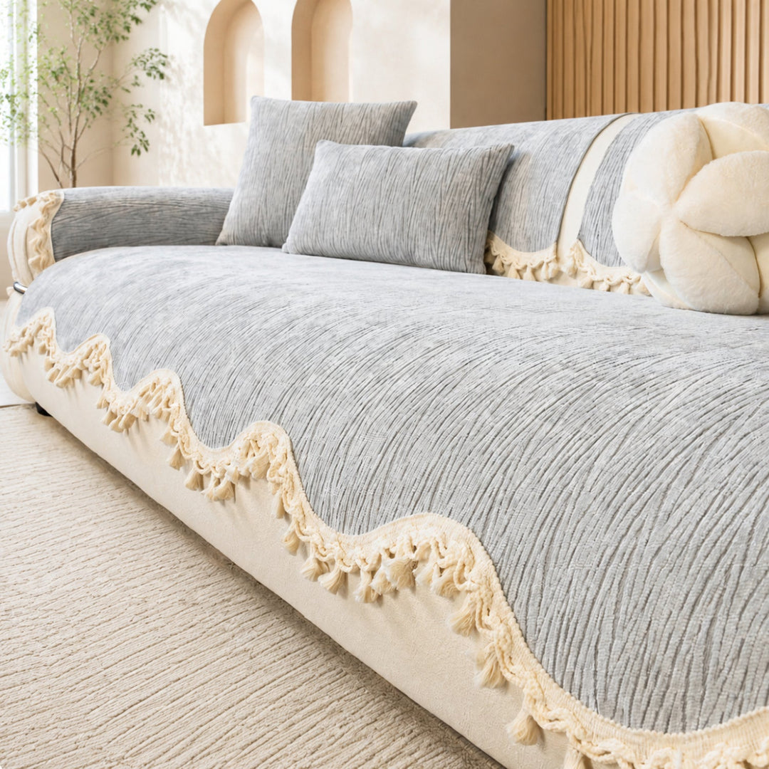 The Elowen Sofa Cover | Chenille | Elegant Tasselled Non-Slip