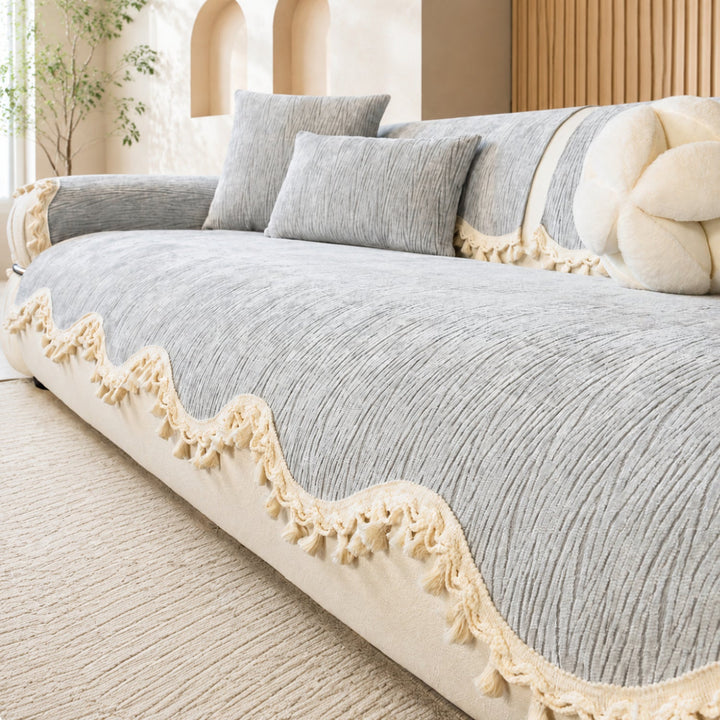 The Elowen Sofa Cover | Chenille | Elegant Tasselled Non-Slip