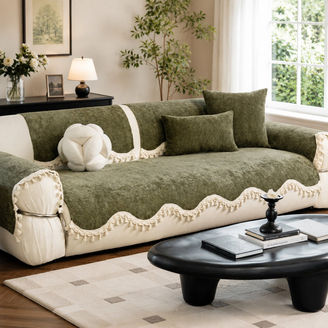 The Elowen Sofa Cover | Chenille | Elegant Tasselled Non-Slip