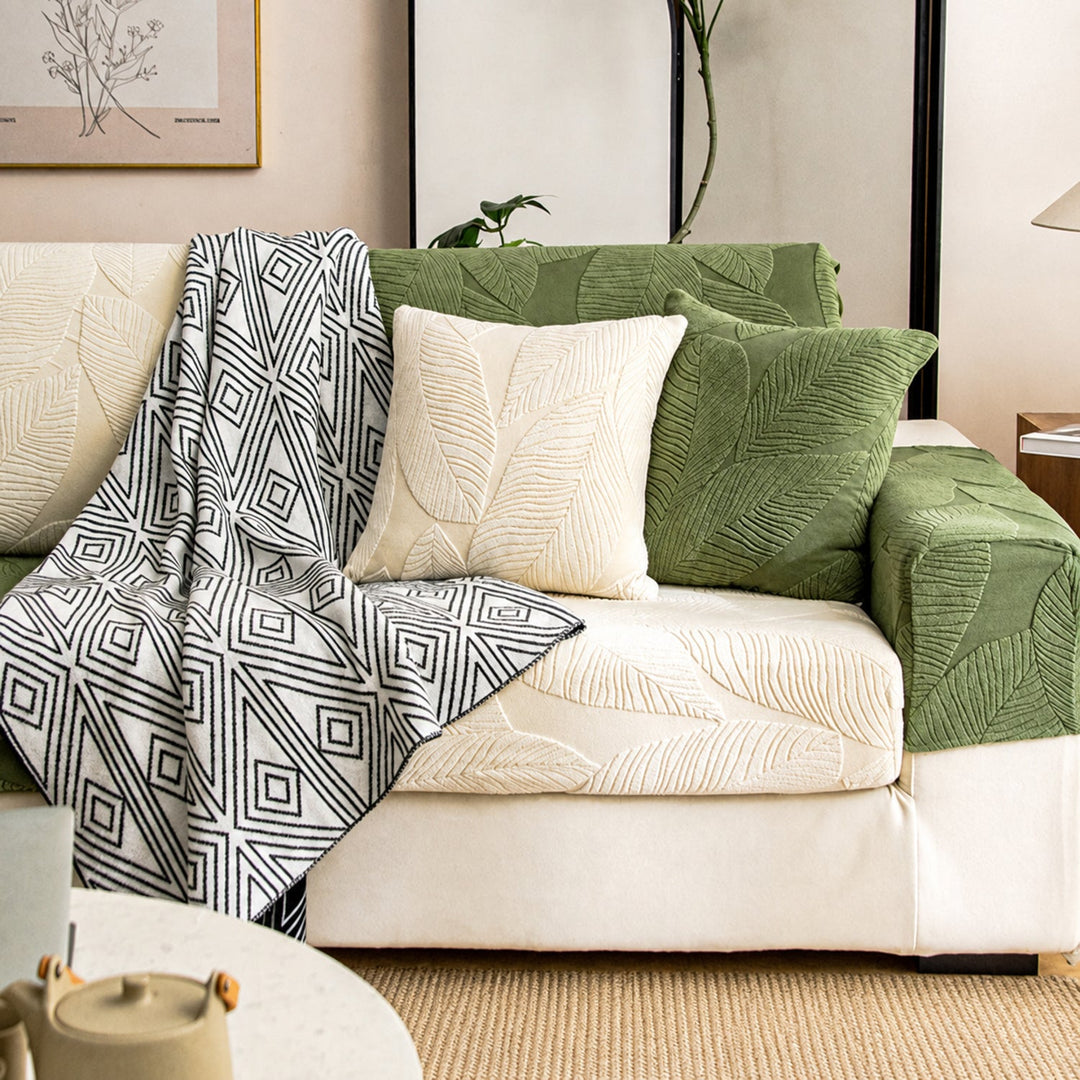 Modern Leaf Jacquard Sofa Cover | Waterproof Stretch Full Wrap | Anti-Scratch Protector