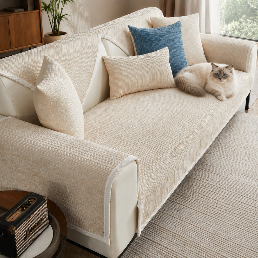Striped Chenille Sofa Cover | Anti-Scratch & Non-Slip | Pet Proof | Machine Washable
