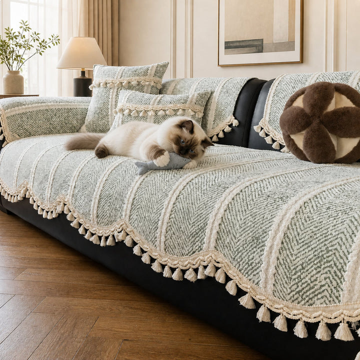 Herringbone Chenille Sofa Protector | Non-Slip Tassel Cover | Machine Washable