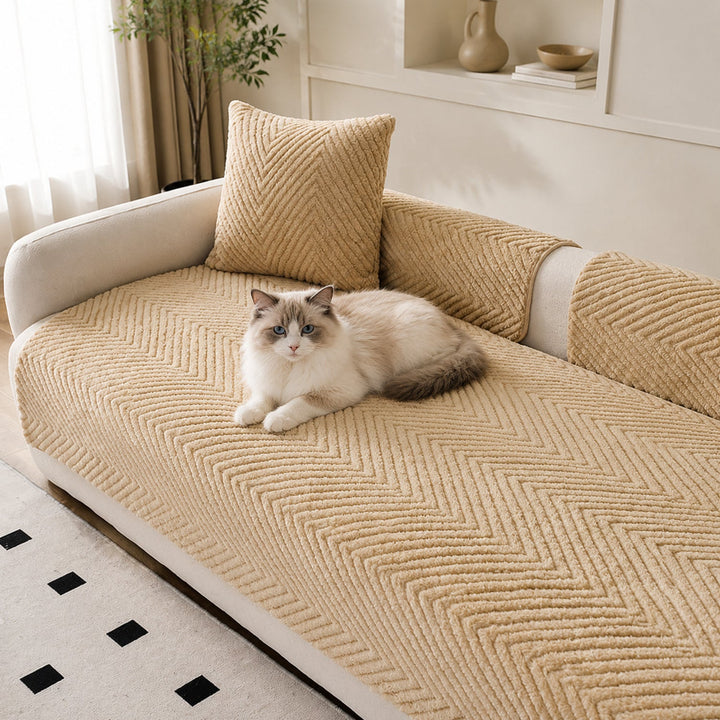 Thickened Plush Herringbone Sofa Cover | Non-Slip Pet-Proof Couch Protector | Machine Washable