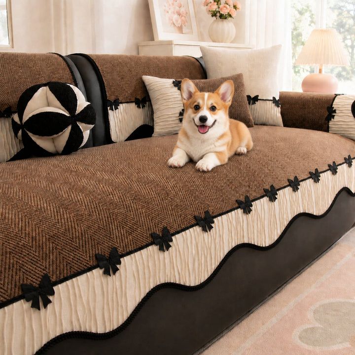 Bow Trim Herringbone Chenille Sofa Cover | Non-Slip Machine-Washable