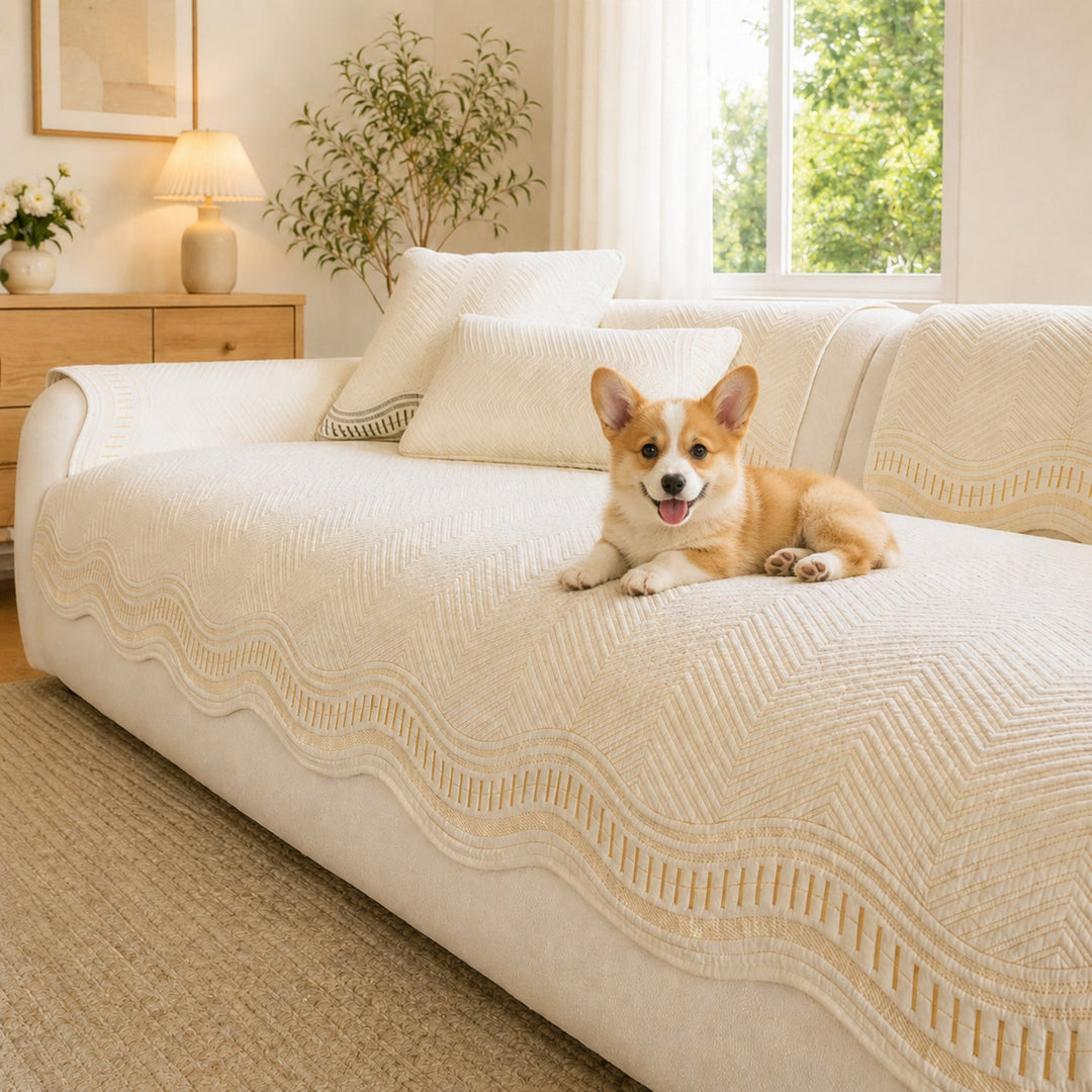 Chevron Wave Cotton Sofa Protector | Non-Slip Machine-Washable Cover