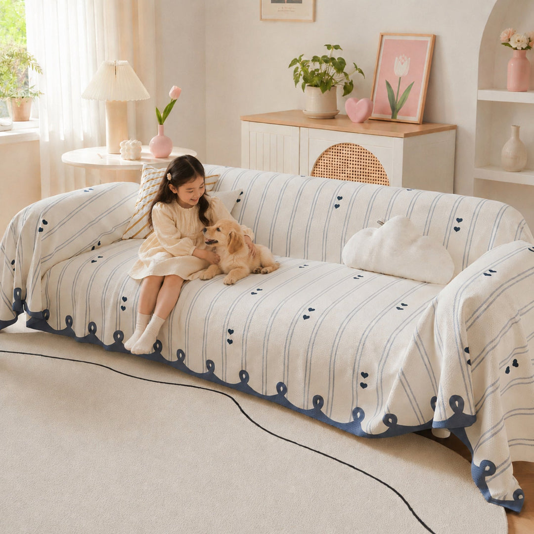 Dainty Heart Sofa Throw | Faux Linen | Non-Slip All-Season Sofa Protector