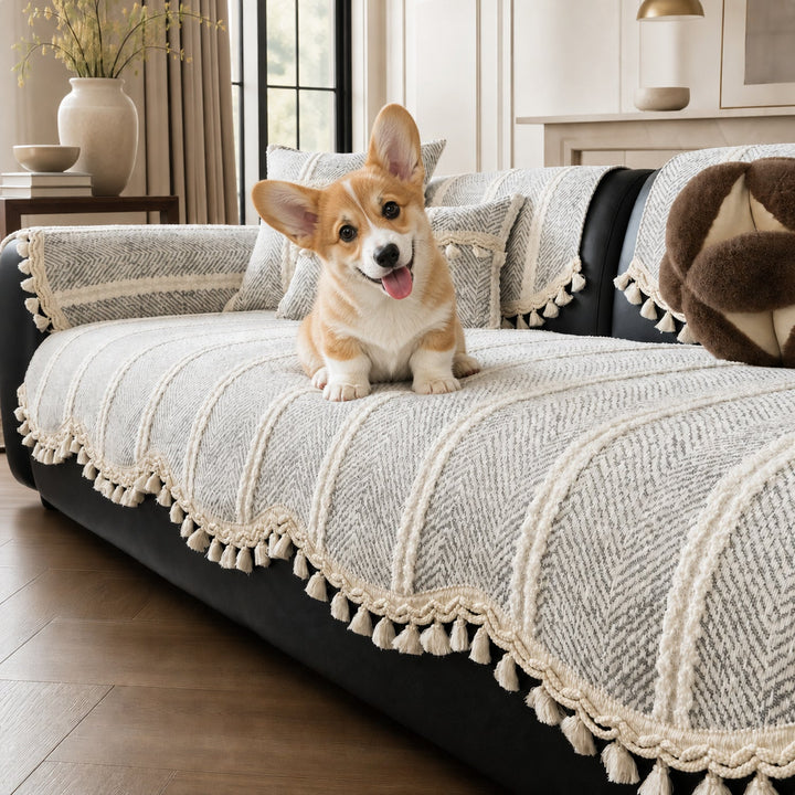 Herringbone Chenille Sofa Protector | Non-Slip Tassel Cover | Machine Washable
