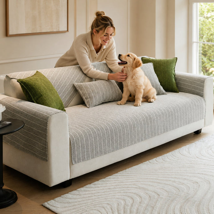 Solid Colour Chenille Sofa Cover | Anti-Scratch Herringbone Couch Protector | Durable
