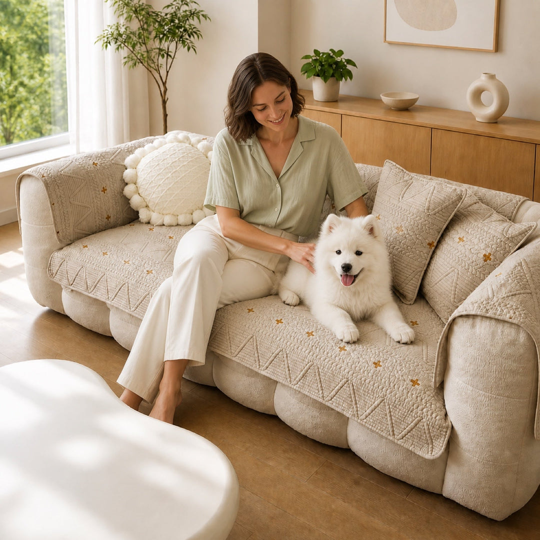 Nordic Cross Quilted Sofa Protector | 100% Cotton Non-Slip Washable Cover