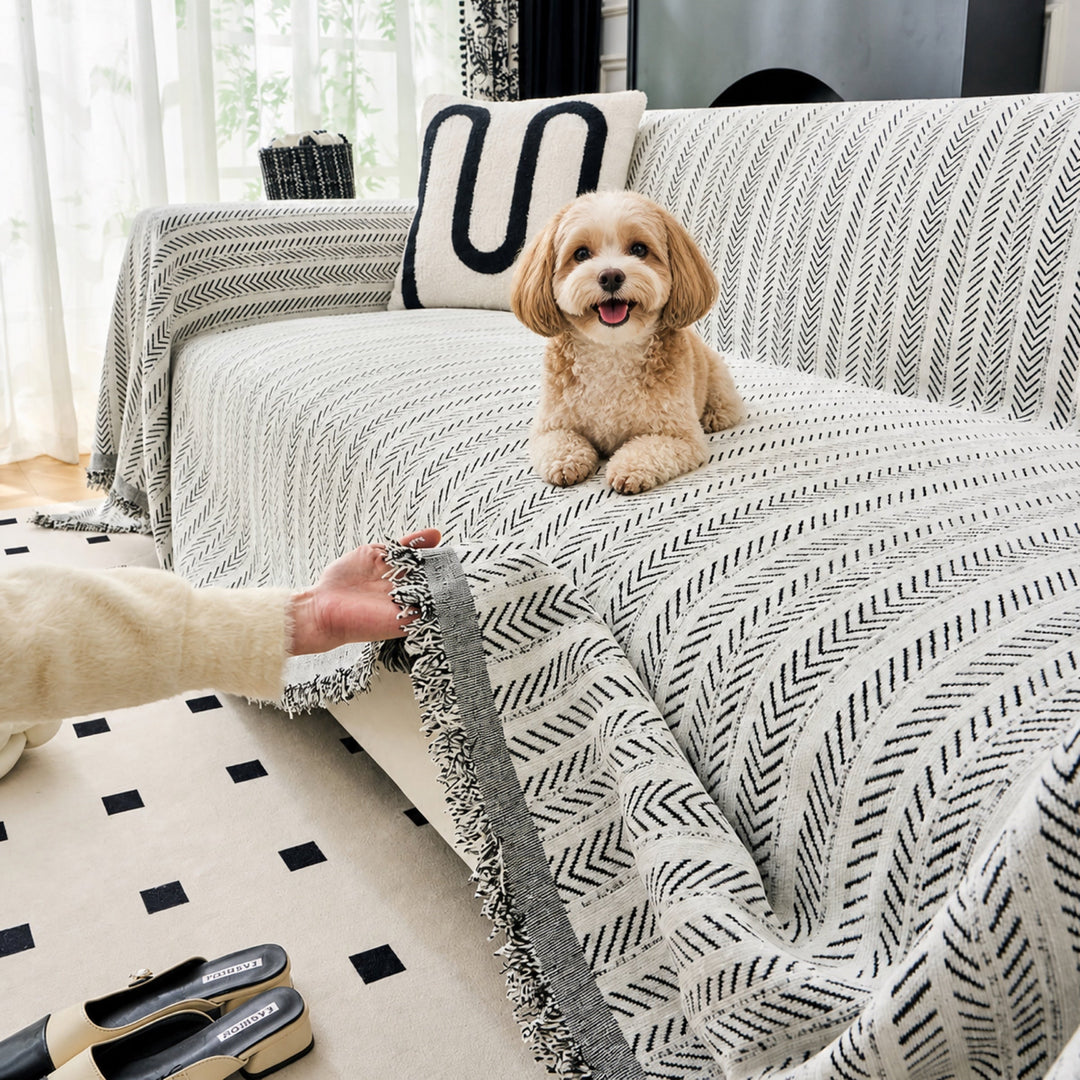 Herringbone Chenille Sofa Throw | Textured Washable Couch Cover