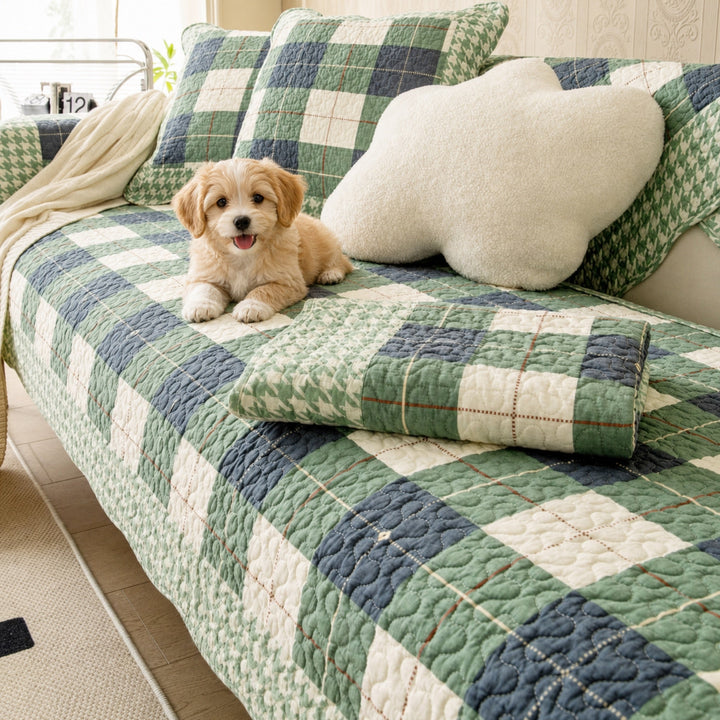 Cotton Plaid Sofa Cover | Anti-Scratch Non-Slip Couch Protector