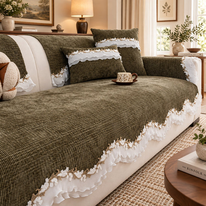 Ruffle Charm Chenille Sofa Cover | Non-Slip & Machine Washable
