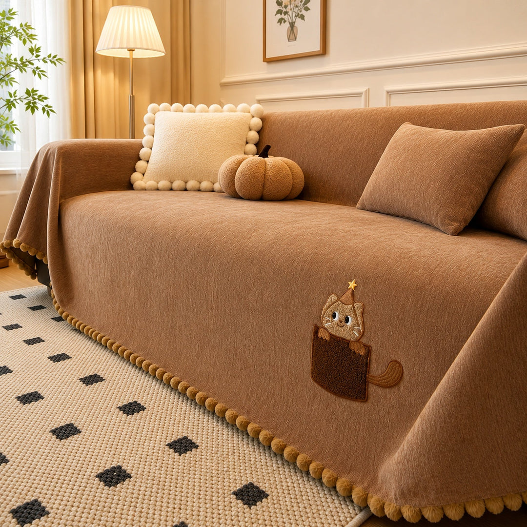 Pocket Kitty Chenille Sofa Throw | Anti-Slip Scratch-Resistant | Sofa Protector