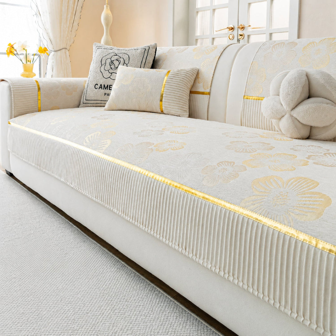 Golden Camellia Jacquard Sofa Cover | Chenille Anti-Slip Washable | Pet Protector