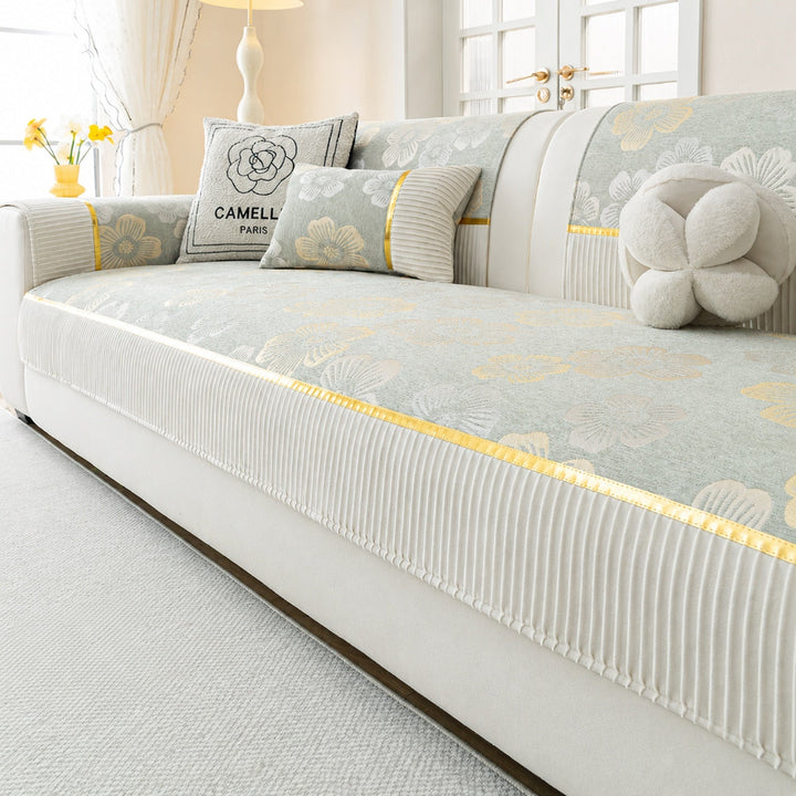 Golden Camellia Jacquard Sofa Cover | Chenille Anti-Slip Washable | Pet Protector