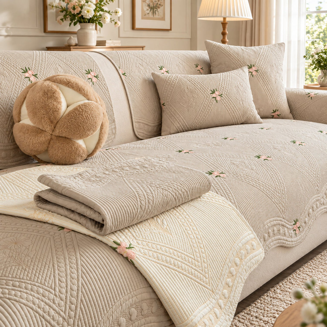 Dainty Sprig Cotton Sofa Cover | Embroidered, Non-Slip & Machine Washable