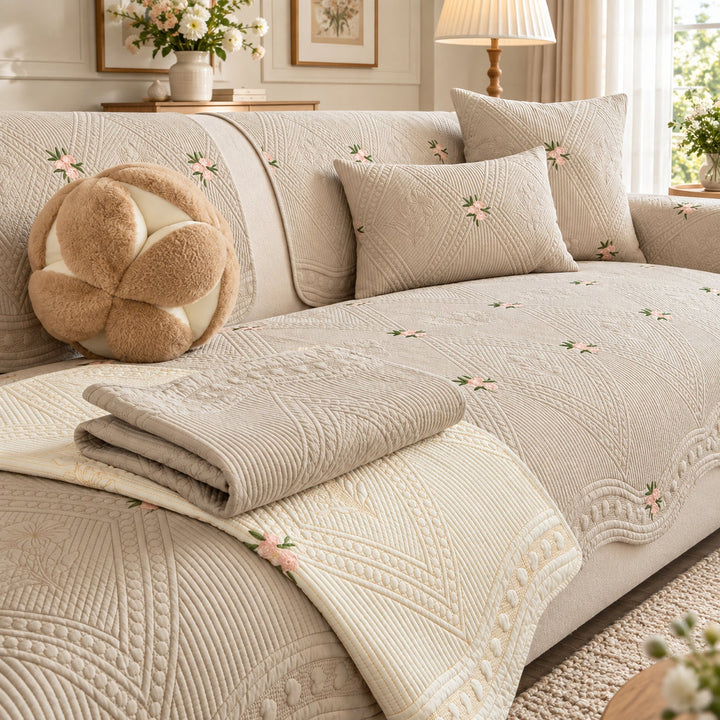 Dainty Sprig Cotton Sofa Cover | Embroidered, Non-Slip & Machine Washable