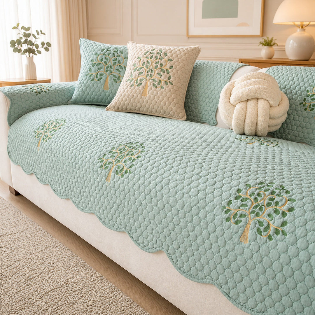 Tree Embroidered Cotton Sofa Protector | Quilted Non-Slip Machine Washable Cover
