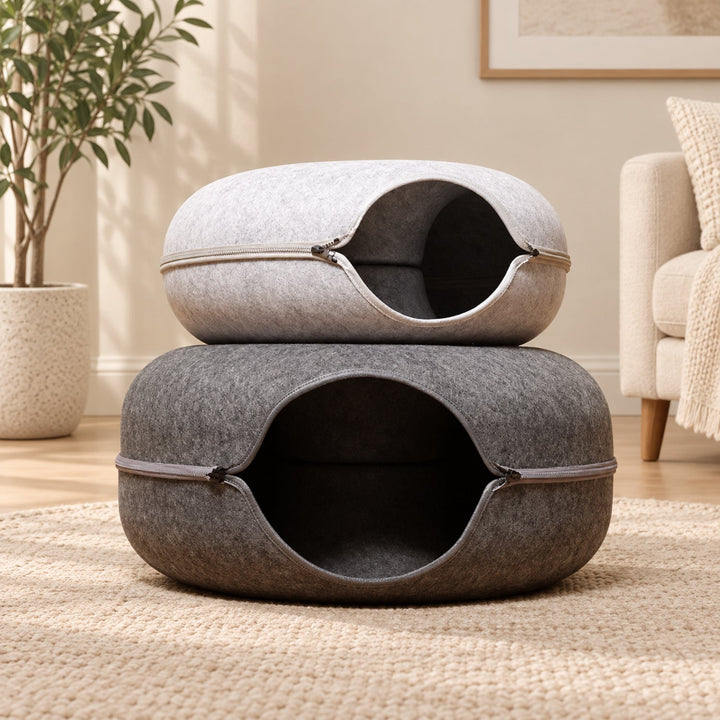 Donut Cat Bed | Felt Tunnel Hideaway with Removable Top