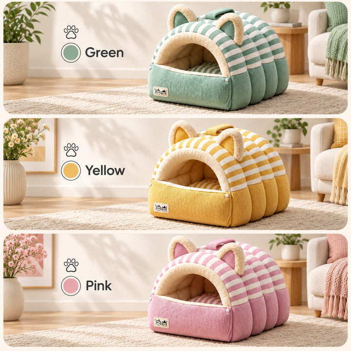 Cat Bed | Kitty Stripe Cave | Soft Plush & Corduroy | Fold-Down Front