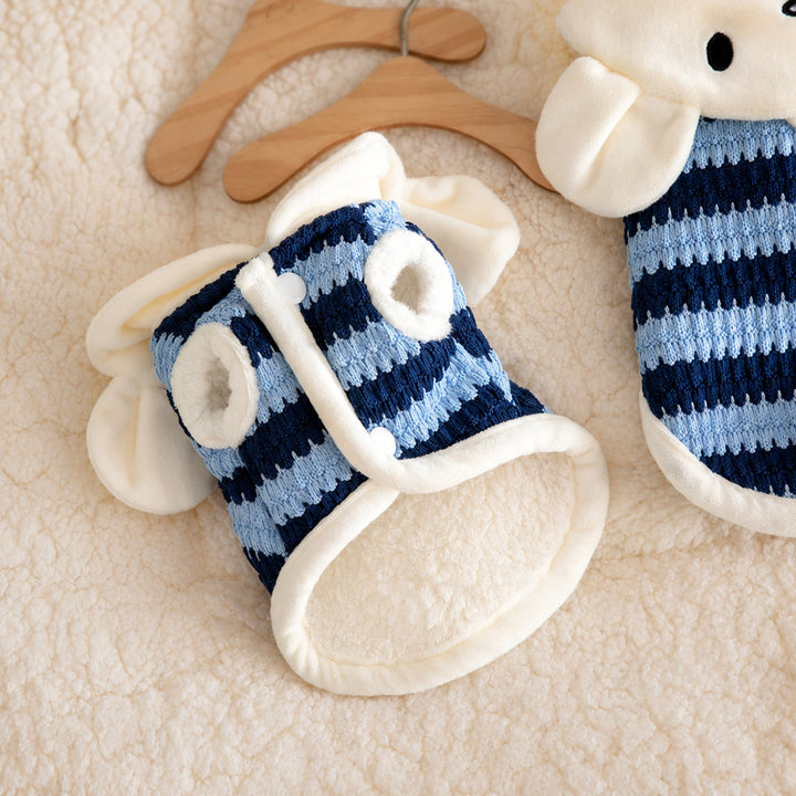 Bunny Hooded Pet Jumper | Fleece-Lined Striped Winter Coat with Lead Ring