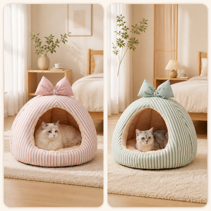 Dog Bed & Cat Bed | Striped Bow House | Cosy, Machine-Washable & Non-Slip