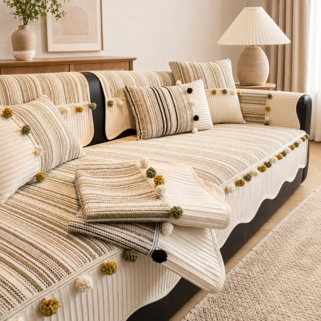 Harvest Bobble Sofa Protector | Striped Chenille | Non-Slip All-Season Cover