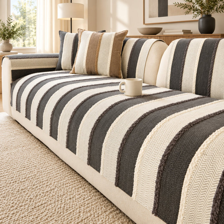 Vintage Striped Sofa Cover | Soft Chenille | Non-Slip, Machine Washable